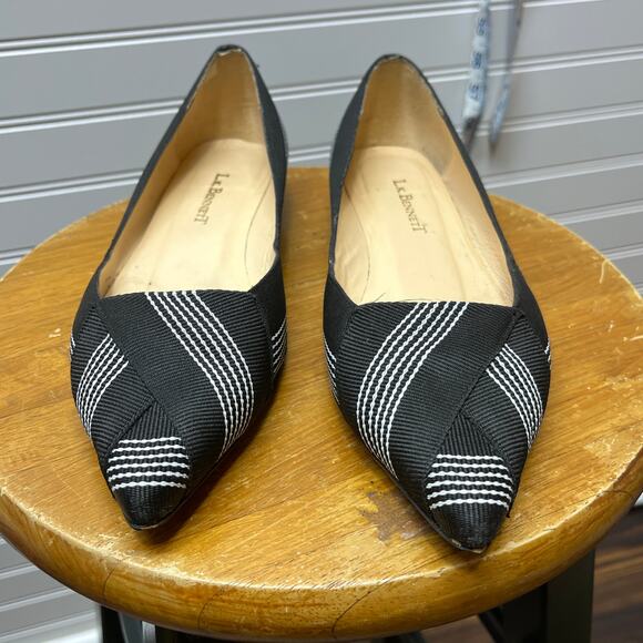 L. K. Bennett Dale Stripe Grosgrain Black & White Flats Size 37=6.5 - Picture 3 of 9